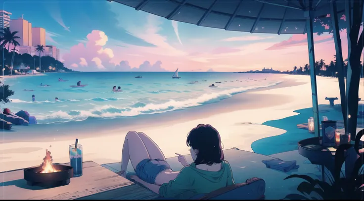 Sunset dark gta lofi beach scene, cute girls in bikinis and denim shorts and sunglasses sat around campfire, sea lapping at the sand, campfires, chill vibes, listening to music, someone playing guitar at camp fire, evening sky