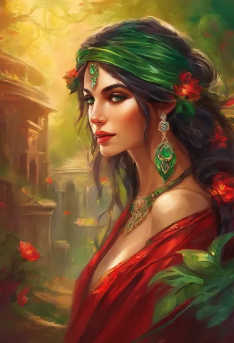 Portrait of a gypsy womans face in high definition, big bright green eyes, full red mouth, wearing large cascading emerald earrings, red dress with neckline and silver embroidery, long black hair, woman with sexy and seductive look, looking at camera.