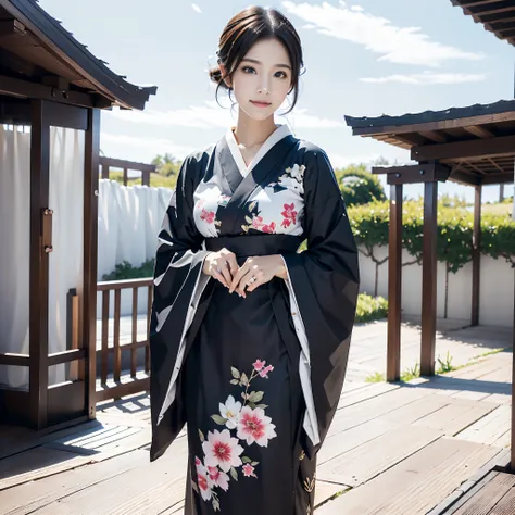 (Super beautiful woman in kimono)、((best qualtiy、8k masterpieces:1.3))、White kimono、foco nítido:1.2、(ultra beautiful faces:1.0)、(shinny skin:1.0)、photos realistic、、from the front side、medium breasts、With a happy smile、Slender Abs Beauty、Whole body、wearing ...