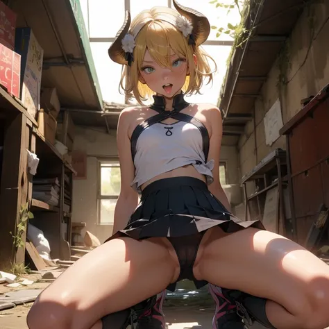 (best quality, masterpiece:1.2), 1 girl, mouth open, perfect tongue, tongue out, (small breasts:1.4), goat horns on head, helpless girl, submissive girl, yellow hair, short hair, beautiful eyes, blindfolded eyes, nude, spread legs, up skirt, transparent sk...