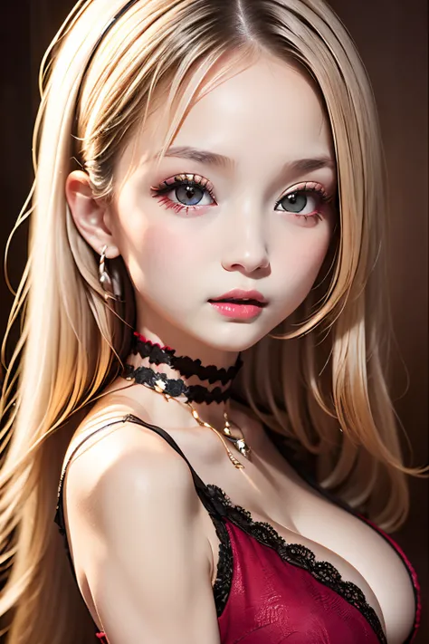 one girls、Cute baby face、parfect anatomy、Red Eye Shadow、red lipsticks、slightly pink cheeks、de pele branca、Black Dress、Eight-headed body、small tits、Unique hairstyle、a choker、top-quality、ultra-detailliert、High quality detailing、portlate、masuter piece、