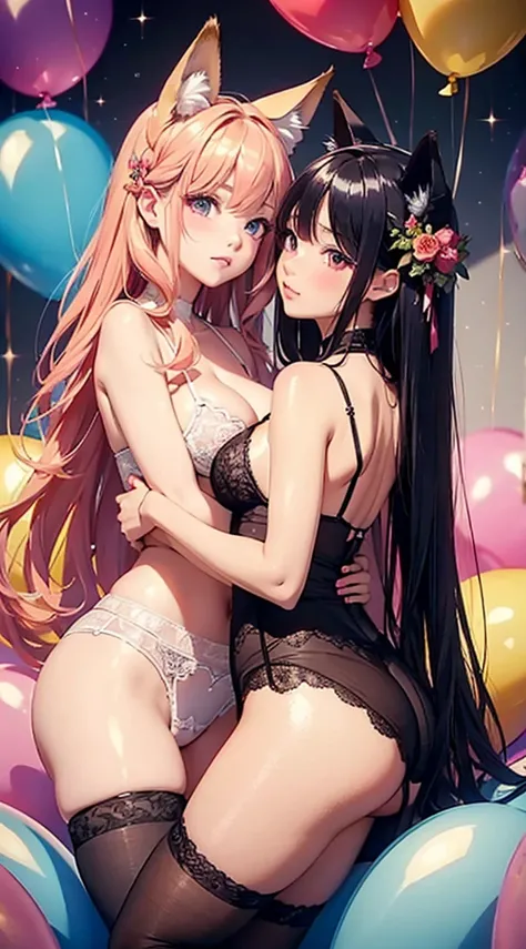 high quality, masterpiece, ultra-detailed, lingerie, thigh highs, extremely coloured, 2 little girls, beautiful, shiny skin, enchanting eyes, long hair, fox ears, balloons, kissing each other, yuri, big breasts