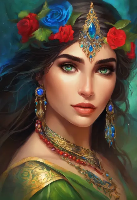 Portrait of a gypsy womans face in high definition, round face, large bright green eyes, full red mouth, wearing large cascading blue sapphire earrings, cobalt blue dress with neckline and silver embroidery, long black hair, woman with eyes sexy and seduct...