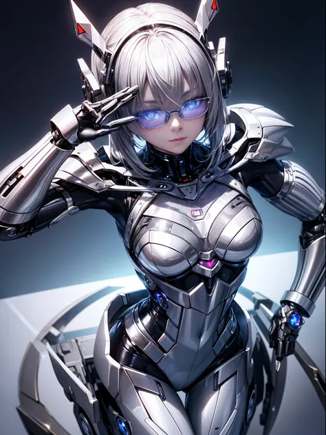 5 8K Ultra HD、Mechanical beauty with shiny silver body wearing glasses is posing、shiny silver robot，hidden skin