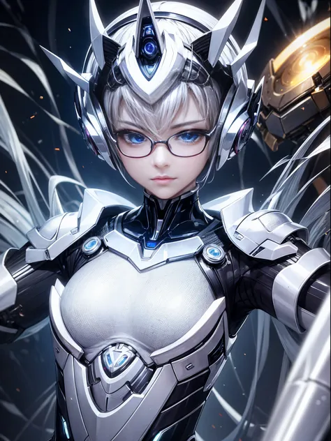 5 8K Ultra HD、Mechanical beauty with shiny silver body wearing glasses is posing、shiny silver robot，hidden skin