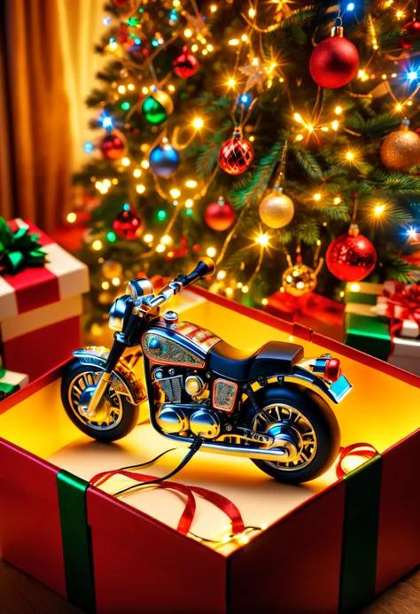 (8k masterpiece, best quality:1.2) apoloniasxmasbox style, a mini motorbike sits in a giftbox under the christmas tree, it's pol...