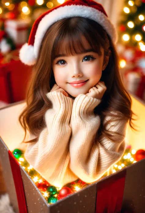 (8k masterpiece, best quality:1.2)apoloniasxmasbox, solo, 1girl, long hair, blurry, looking at viewer, smile, lips, brown hair, ...