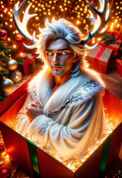 (8k masterpiece, best quality:1.2)apoloniasxmasbox, solo, fantasy male, male focus, white hair, glowing eyes, facial mark, antle...