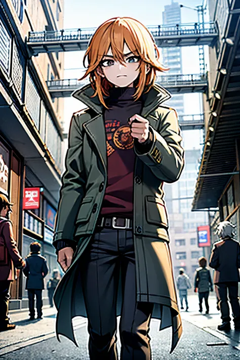 anime, menino anime, cabelo loiro, olhos azuis, sobretudo marrom andando pela rua, badass anime 8 k, Conceito de anime HDR Anime MacManus, de arknights, standing in a city center, arte chave do anime, Melhor Anime 4K Konachan Wallpaper, Papel de parede ani...