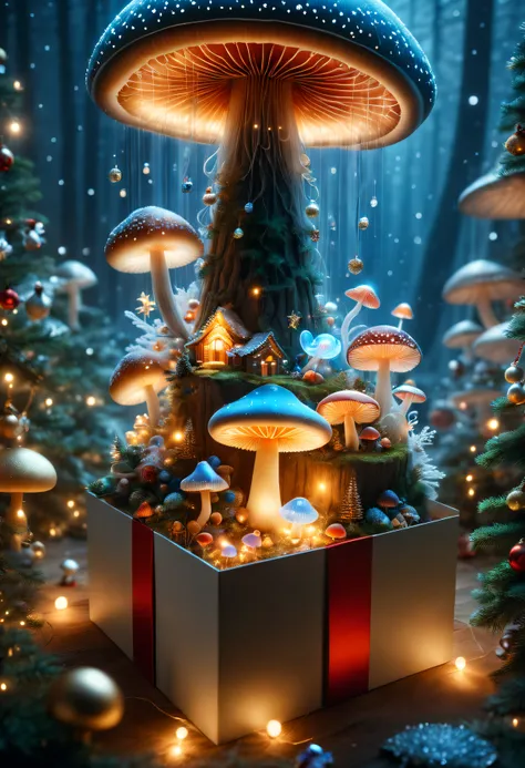 (8k masterpiece, best quality:1.2)Apoloniasxmasbox, mystical objects, no humans, tree, scenery, mushroom, jellyfish, delicate low light, christmas atmosphere, warm, cuddly, festive