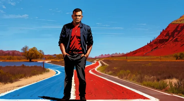 a man is at a crossroads , half the road is blue and half is red