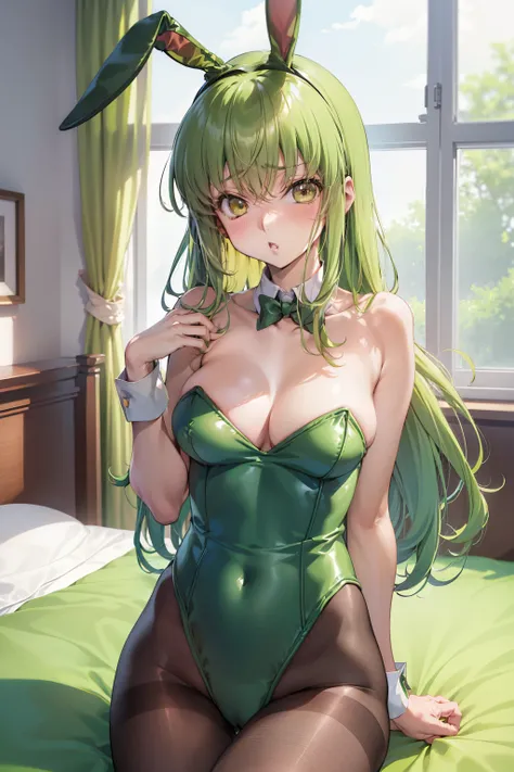 masutepiece, Best Quality, 1girl in, (c.c),Green head hair, (Green eye:1.2),((bunnygirl))、((Leotard))、length hair、((embarassed expression))、((Bedroom))、((rabbitears))、((highleg))、((pantyhose))、((Shoulder out))、((bare neck from shoulders))