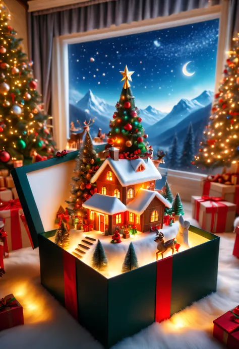 (8k masterpiece, best quality:1.2)Apoloniasxmasbox, mystical objects, wings, tree, scenery, santa hat, night, sky, fairy, mountain, house, reindeer, delicate low light, christmas atmosphere, warm, cuddly, festive