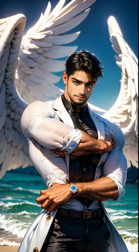 (best quality,ultra-detailed,realistic:1.37), daegan tronos character(1), handsome, dark skin, dark-tanned, perfect wings angel,...