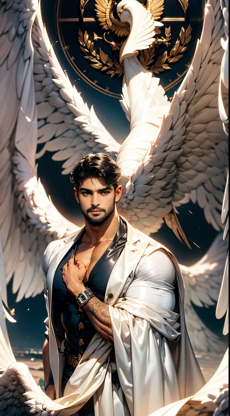 (best quality,ultra-detailed,realistic:1.37), daegan tronos character(1), handsome, dark skin, dark-tanned, perfect wings angel,...