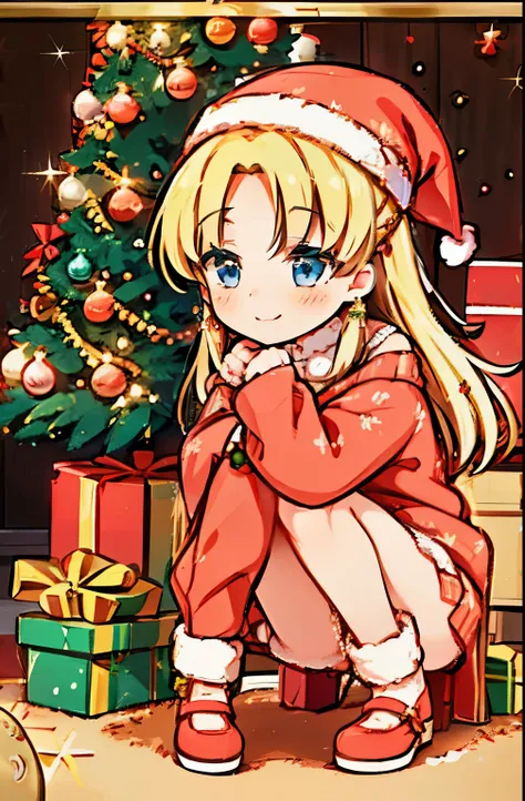 girl,Christmas tree,Christmas Ornaments,gifts,,Christmas,nsfw,gift box,Sweaters,Red shoes,ssmile,sleeves past wrists,shoulder,Christmas Lights,From one side,From one side,Look into the distance