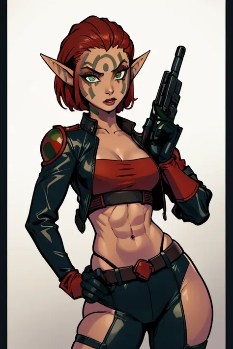 ashelin, pointy ears,green eyes, tan skin,facial mark, red makeup , small breasts, short hair, elf, muscular, standing, full bod...