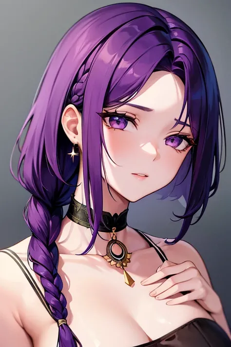 Obra maestra, La mejor calidad, ultra-high-resolution,Mapeo de fotones,Mejor sombra,retrato,Detalle de belleza,Detalle ultra alto,long purple hair,single braid,flequillo contundente,senos grandes,Ciudad,barrio chino,centro,see through, vestido corto, Corte...