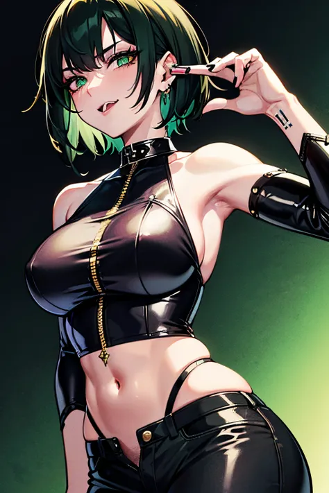 ((best quality)), ((masterpiece)), (detailed), short hair, female, two-tone hair, green and black hair, hair color split in middle, green eyes, dominant colors are black and green, mature, tattoos on neck and arms, goth, metal, rocker, serpentine, split to...