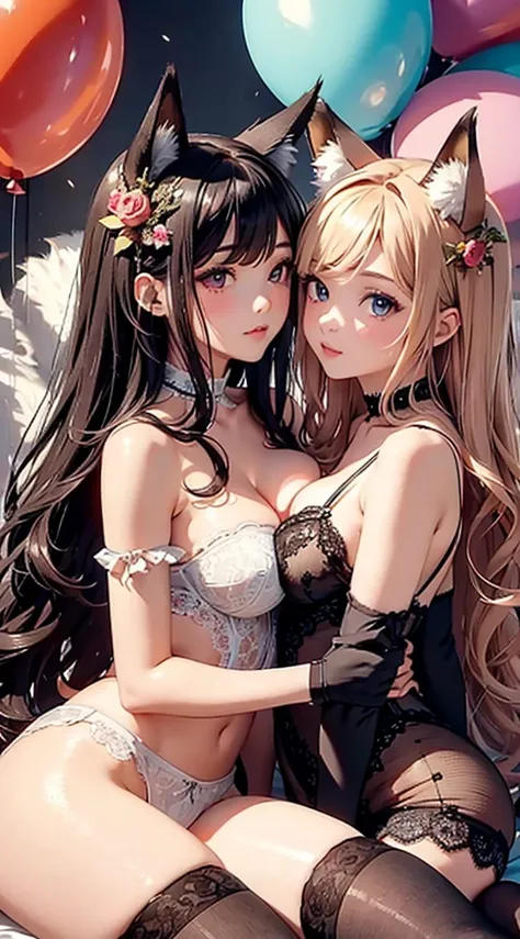 high quality, masterpiece, ultra-detailed, lingerie, thigh highs, extremely coloured, 2 little girls, beautiful, shiny skin, enchanting eyes, long hair, fox ears, balloons, kissing each other, yuri, big breasts