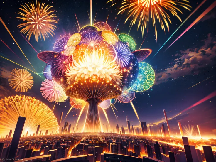 Envelop the scene in an aura of fractal energy as a colossal time capsule explodes into a kaleidoscope of 3D fireworks, revealing moments from the past year.