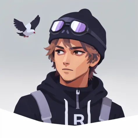 A high resolution, best aesthetic, Best quality, full body depiction, riant、1 pigeon dansun sweat in black capuche、Cartoon Bones、pigeon, Anime pigeon, Style anime plat, casque gaming noir, , digital anime illustration, Fond blanc uni