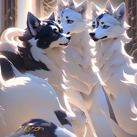 detail, Realism, 4K, three headed husky, cerberus, white furr, Realistic shooting, depth of fields, Soft front light, Glow, nffsw (PastelColors: 1.2), Canon RF 100mm f2.8L 宏 IS USM