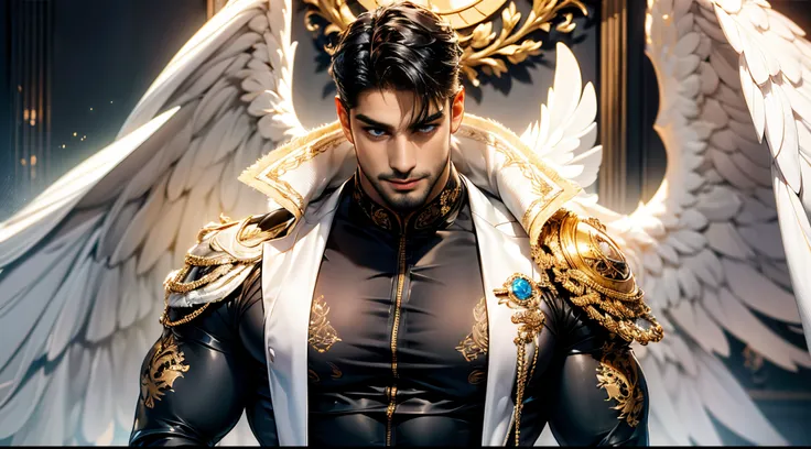 (best quality,ultra-detailed,realistic:1.37), daegan tronos character(1), handsome, dark skin, dark-tanned, perfect wings angel,...