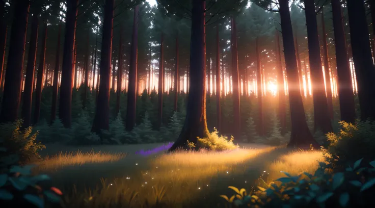 dense forest with fireflies, inside the forest, sunset, dark environment, trees around, thick trees, big trees, illuminated clearing in the middle, fireflies rising into the sky, fireflies illuminating the environment, masterpiece, high quality, extremely ...