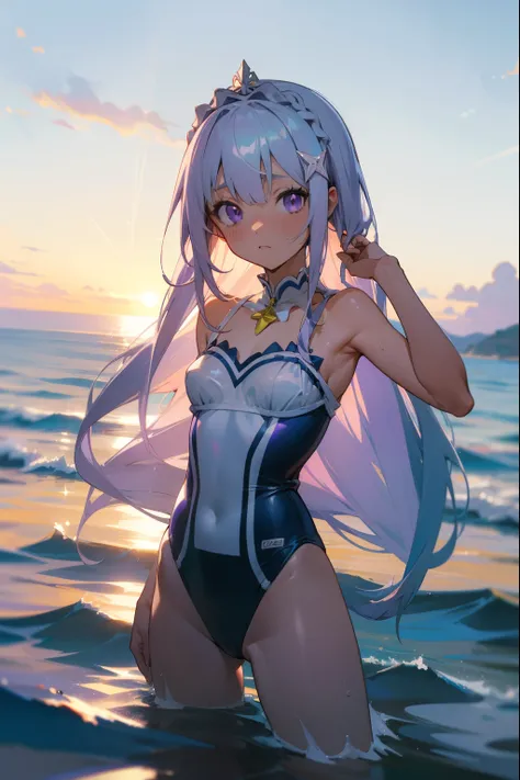 RezeroEmilia, Emilia, trenza, Trenza de corona, Flor, flor del cabello, adorno para el cabello, cinta para el cabello, Cabello largo, orejas puntiagudas, (purple eyes:1.2), cana, x adorno para el cabello, Collar separado QUEBRAR, Mangas separadas, mangas c...