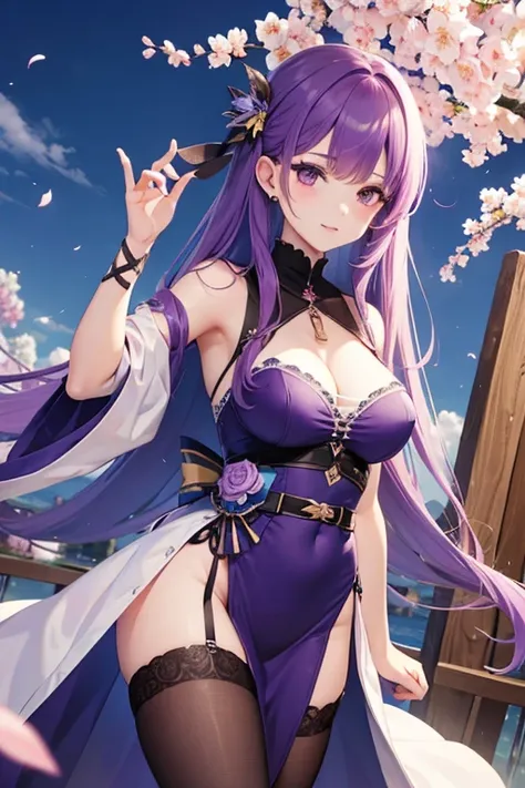 Obra maestra, La mejor calidad, 1girl, Sakura asesinada, purple hair, purple eyes, senos grandes