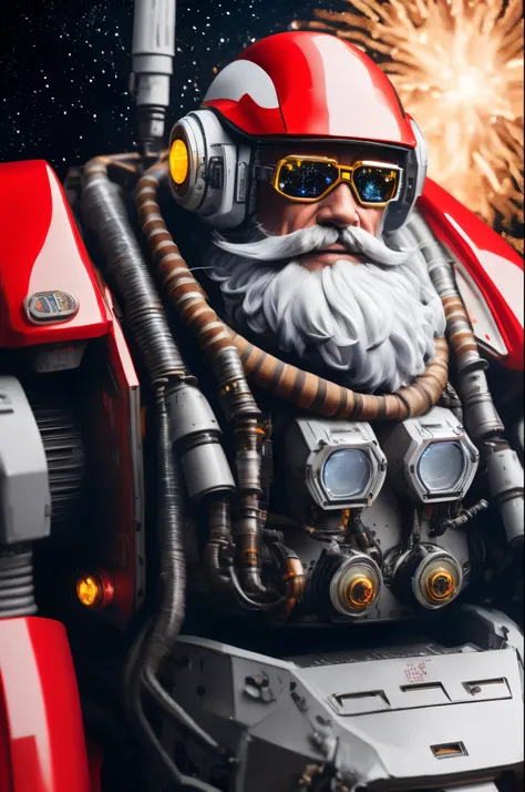 1boy,beard,black_background,facial_hair,ground_vehicle,old,old_man,realistic,science_fiction,solo,blurry,blurry_background,depth_of_field,vehicle_focus,lights,mecha,bald,mustache,red_eyesarmor,glowing,goggles,helmet,cannon,portrait,robot,space,spacesuit,ma...