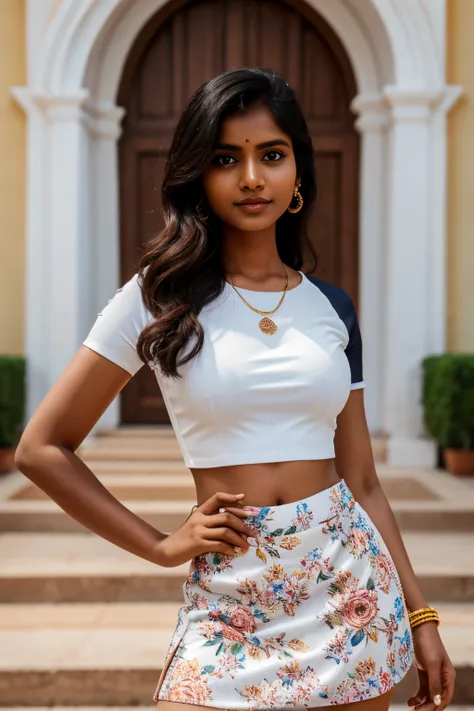 Tamil woman, (wearing:1.6 white crop top, floral mini skirt, sports shoes) standing in front of a church, extremely beautiful face, ultra realistic image