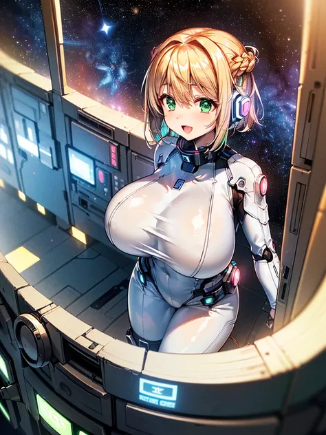 ​masterpiece:1.4, 1girl in ((20yr old, Wearing a tight, futuristic metallic white bodysuit,long boots, huge-breasted, Colorful blonde hair, Chignon,short-hair, Perfect model body, Green eyes:1.4, Wearing headphones, Flirting, Happy,  Looking out the window...