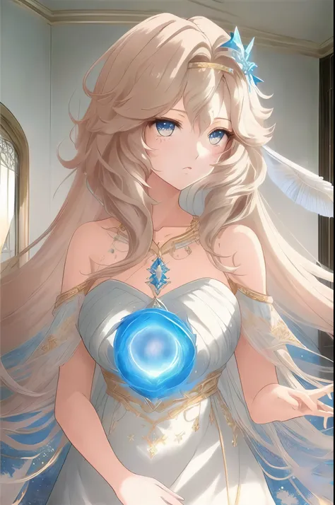 Menina anime com longos cabelos loiros e olhos azuis em um vestido branco, deusa anime, Deusa da Luz, Mago Celestial Lindo, menina anime loira com cabelo longo, ethereal anime, Cute anime waifu in a nice dress, Artgerm extremamente detalhado, mulher bonita...