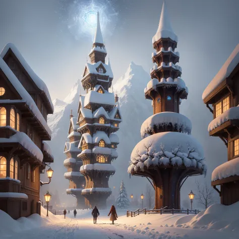 a painting of a snowy scene with a couple walking through the snow, kilian eng and thomas kinkade, winter scene fantasy, highly detailed visionary art, visionary art, breathtaking art, inspired by tomasz alen kopera, winter armosphere, jungian symbols of w...