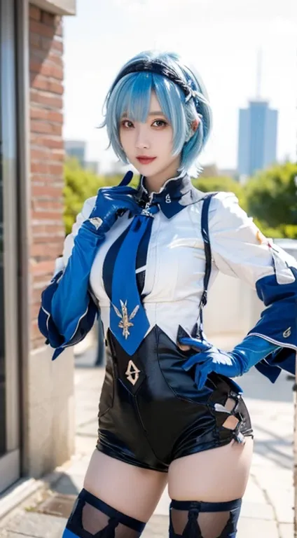 mix4,(8K, RAW photogr, Best quality at best, tmasterpiece:1.2), (actual, realistically:1.37),1 Sister, Blue hair, Short hair details, blackstockings, shairband, through bangs, symetrical eyes, looking over city, natta, Detailed faces, medium, (looking at v...