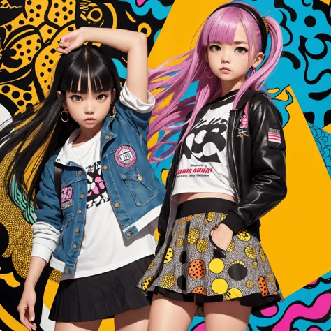 delinquent girl, Cute Girls, Bad youth ,Kamikaze clothes, Long hair,Floating hair, Cinematic poster ,Zenin Maki,Zentangle,ear piercings,Yellow eyes, 2 line hair,Short bob cut,Solo,a colorful,Skirt,Jacket,harajuku wear, Blue eyes,monochromes,+++ ,colorful b...