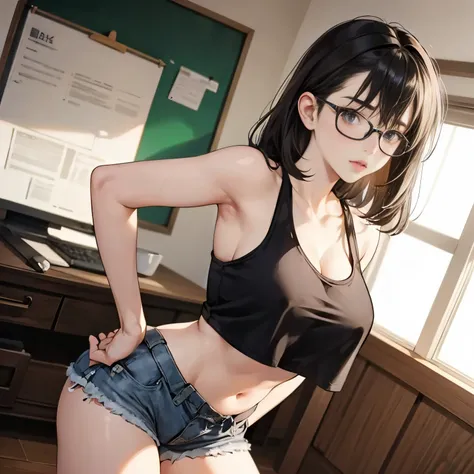 1 girl,A cute girl with glasses is looking at me.elementary student,Sleepy look,A dark-haired,tre anatomically correct,Precise fingers,Colossal tits,a navel,Tank top and shorts,photorealisim,​masterpiece,In the middle of changing clothes,