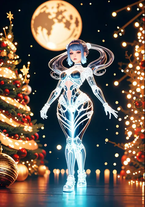 1 Glowing Christmas Mechanical Girl，Futuristic girl，Mechanical Union Christmas City Background，model shoot style, (extremely detaild的 CG unified 8k wallpapers), The beauty of abstract style,，hyper realisitc, 8K, super detailing, Best quality, Award-Awarded...