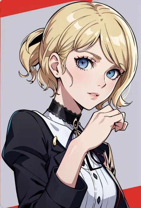 Masterpiece , best quality , solo , 1FEMALE , short blonde hair with bangs , blue eyes , scar over right eye , pale skin , soft smile , persona 5 school uniform , choker around neck ,  background , black headband on head