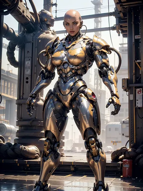 (beautiful muscular female cyborg:1.25), (megan-fox:1.5), (full body pose), (metallic muscular armor:1.5), (no hair), (bald head covered in cables:1.5), (robotic mechanical physique:1.5), (super muscular female cyborg:1.5), (covered in cables and mechanica...