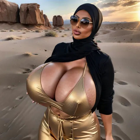 arab middle eastern milf, bbw, gigantic breasts, curvy, thick, big wide hips, black hijab, slim waist, sun glasses, on the desert, strong eyebrow, big lips, golden jewelrys, sun light,