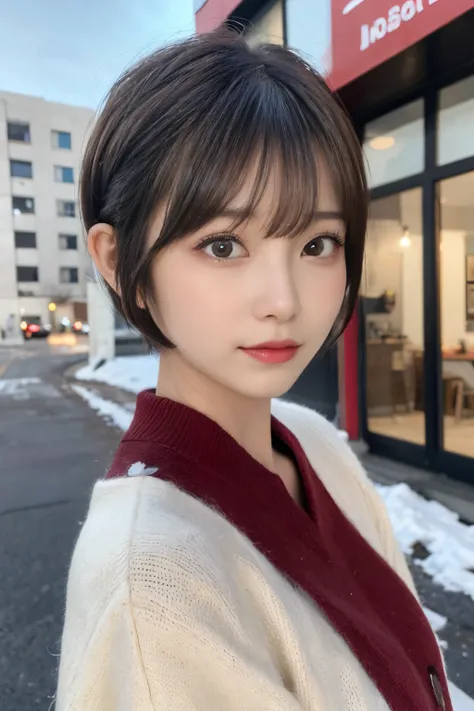 outside of house、(((a pixie cut)))、A Japanese Lady、Super Cute、Soft and face、Brown hair、A hyper-realistic、ultra-definition、D Cup Big（（Highest Definition、8K、​masterpiece：1.3））、appearance々Angle、appearance々Pose、23years old、Winter clothes