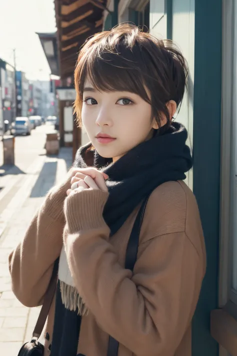 outside of house、(((a pixie cut)))、A Japanese Lady、Super Cute、Soft and face、Brown hair、A hyper-realistic、ultra-definition、D Cup Big（（Highest Definition、8K、​masterpiece：1.3））、appearance々Angle、appearance々Pose、23years old、Winter clothes