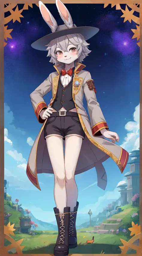 独奏, Standing, ((Bunny, hare, Hair, snout)), Author: spuydjeks, (((grey fur))), Slim, Skinny, small waist, Fur pattern, Anime character, high detail, Detailed art style, (canny smile:1.4), short curly hair, little chest, tailcoat, Short shorts, full length,...