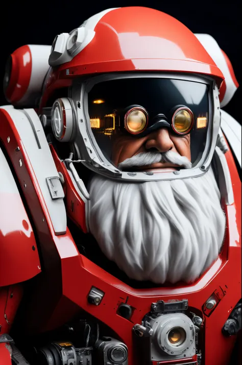 1boy,beard,black_background,facial_hair,ground_vehicle,old,old_man,realistic,science_fiction,solo,blurry,blurry_background,depth_of_field,vehicle_focus,lights,mecha,bald,mustache,red_eyesarmor,glowing,goggles,helmet,cannon,portrait,robot,space,spacesuit,ma...