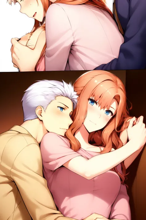 1boy hug 1girl, Archer Emiya, Girl with ginger hair, blue eyes, pink dress