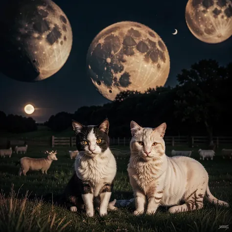 2 cute cats look at the moon from the sheep at night