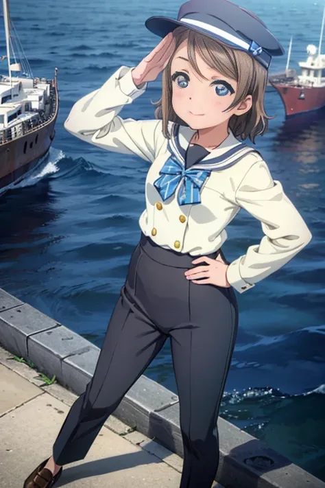 (((pixel perfect, Detail Perfect))), well-drawn hands, Solo, 1girl in, Watanabe, closes mouth， bowtie, Looking at Viewer，captain suit，slacks，Leather shoes，Captains hat，Left hand salute，Right hand on hip，harbour，Background with(Ships at anchor)